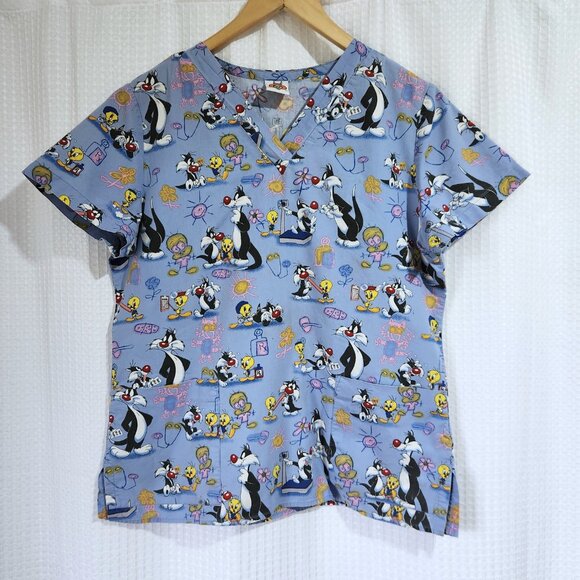 Looney Tunes Tweety Sylvester Scrub Top Womens SM? Measurements in Description - Picture 1 of 16